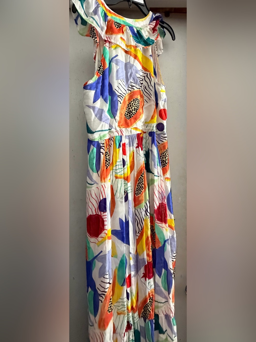 Oliphant SML Tropical Fruit Print Ruffle V Neck Maxi Dress Resort Boho Vacation - Picture 3 of 8